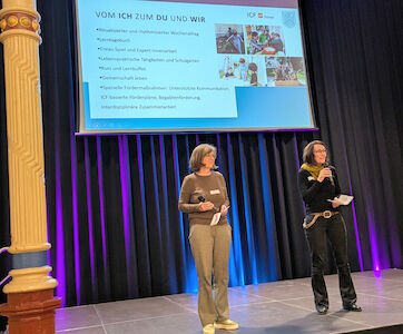 Ein Teil vom InklusivInnovativem-Team präsentiert auf der Bühne seinen Schwerpunkt.