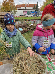 Zwei Kinder stehen hinter einem Tisch, worauf getrocknetes Gras in einem Behälter liegt.
