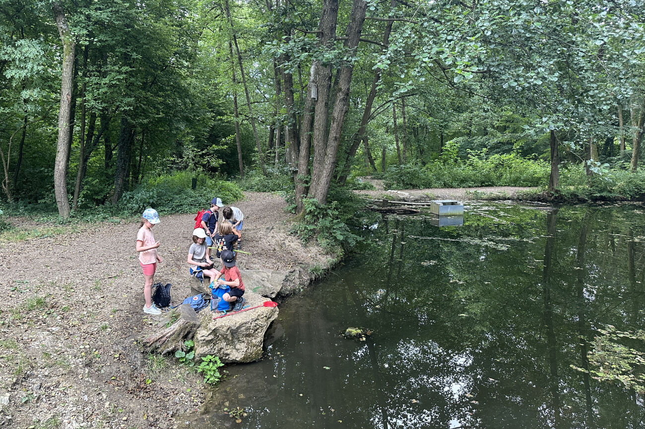 Kinder sitzen auf einem Stein bei den Bründlteichen.